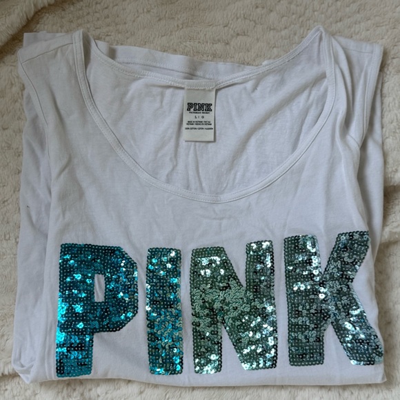 PINK Victoria's Secret White Muscle Tee with Sequin Letters - Picture 3 of 3